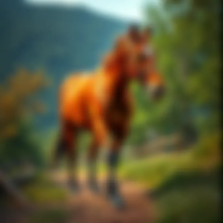 Secretariat, the famous racehorse, calmly walking along a scenic trail after retirement, surrounded by greenery and trees.