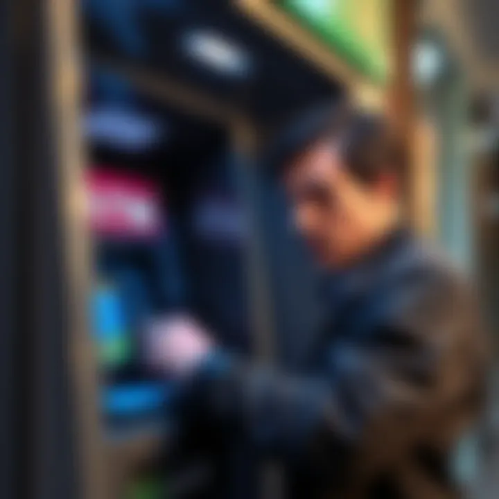 A person using a bank ATM with a focused expression, ensuring a safe money withdrawal process.