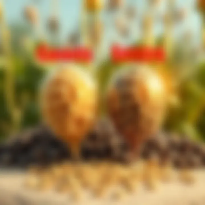 Illustration showing good and bad seeds with a background of plants, highlighting the differences between them.