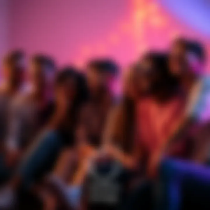 A group of diverse people sitting together and sharing supportive vibes, with warm colors around them.