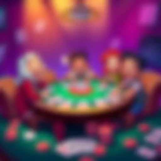 A colorful illustration showing a poker table with cartoon characters laughing and telling jokes, surrounded by poker cards and chips.