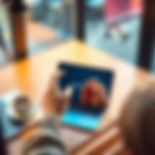 A person sharing a link on a smartphone while sitting at a table with a laptop and coffee