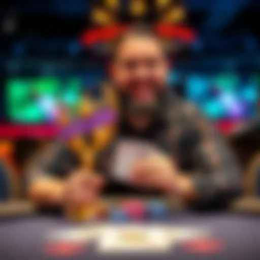 Shaun Deeb holding his Poker Player of the Year trophy, smiling in front of a poker table with cards and chips