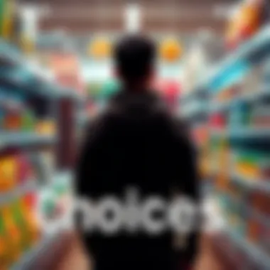 A person standing in front of multiple product options, looking thoughtful while deciding what to buy.