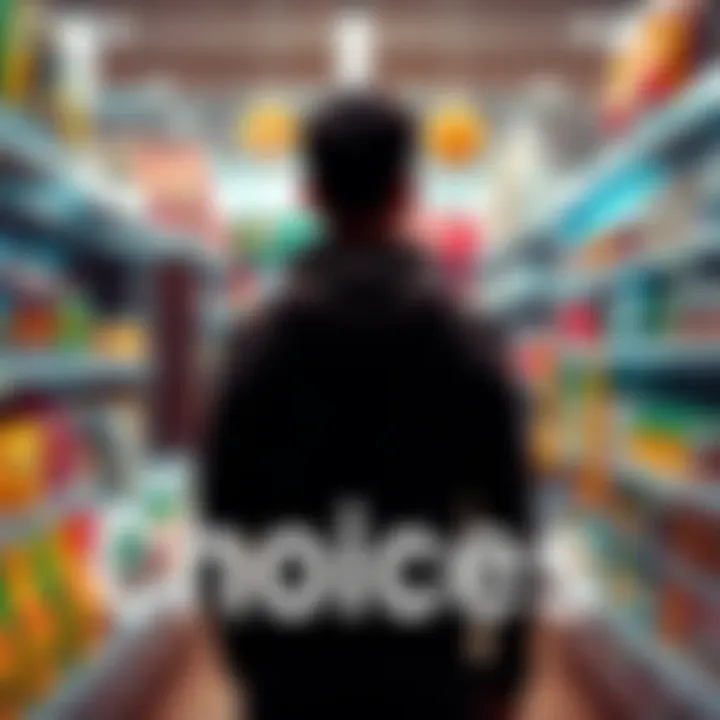 A person standing in front of multiple product options, looking thoughtful while deciding what to buy.
