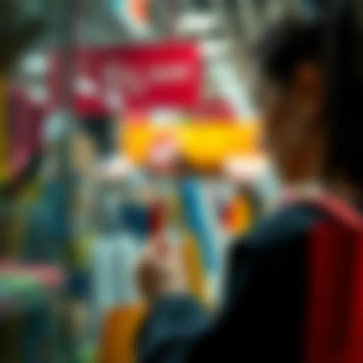 A person examining a price tag showing a small discount, considering if it's worth it, with shopping bags nearby.