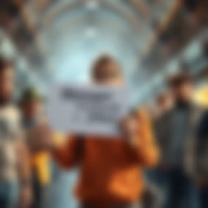 A short Jewish man holds a surprising message, looking intrigued while standing among curious onlookers.