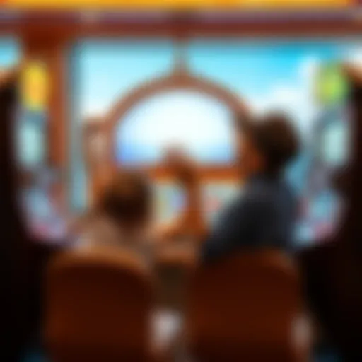 Two siblings celebrating their jackpot win in front of a three-reel slot machine during a Mediterranean cruise.