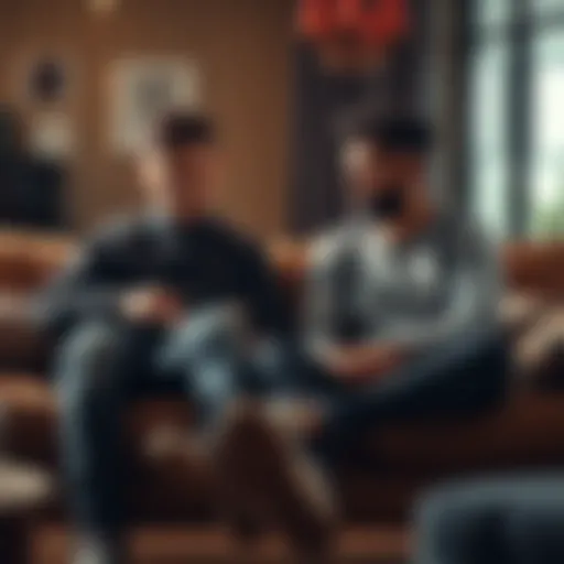 Two brothers having a conversation on a couch, sharing personal stories and experiences.