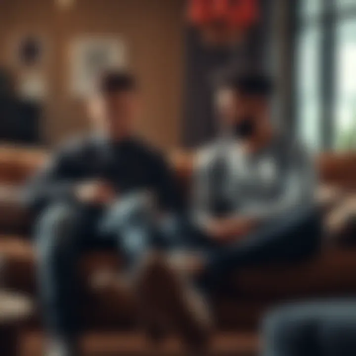 Two brothers having a conversation on a couch, sharing personal stories and experiences.