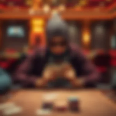 Individual sitting at a poker table showing signs of illness, with cards in hand and a concerned expression.