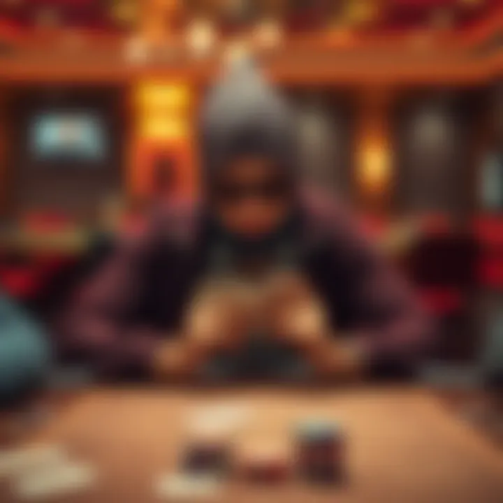 Individual sitting at a poker table showing signs of illness, with cards in hand and a concerned expression.