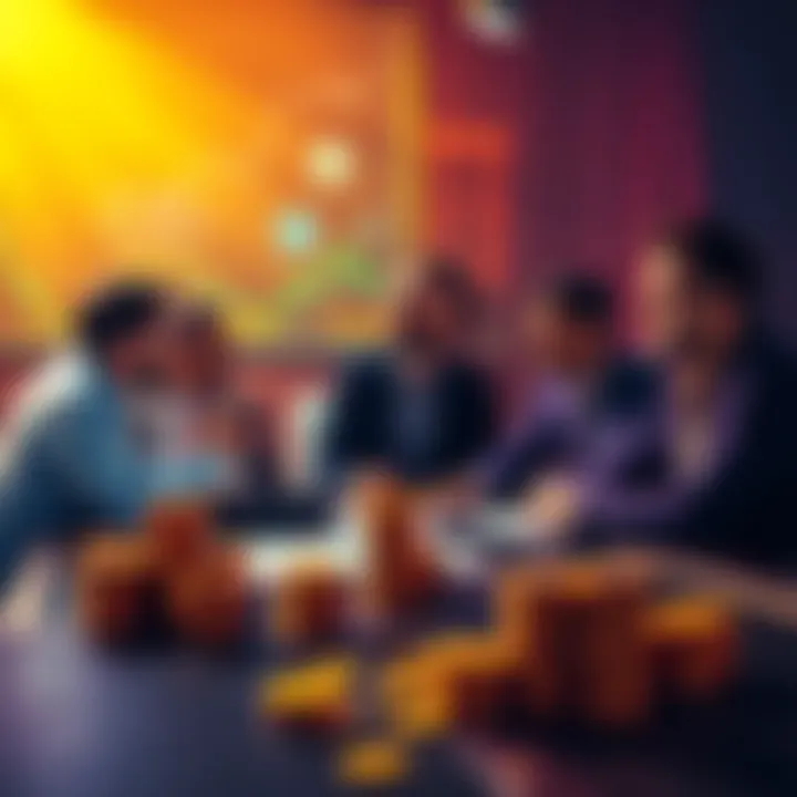 A group of people discussing sidepot experiences at a table with charts and stacks of coins