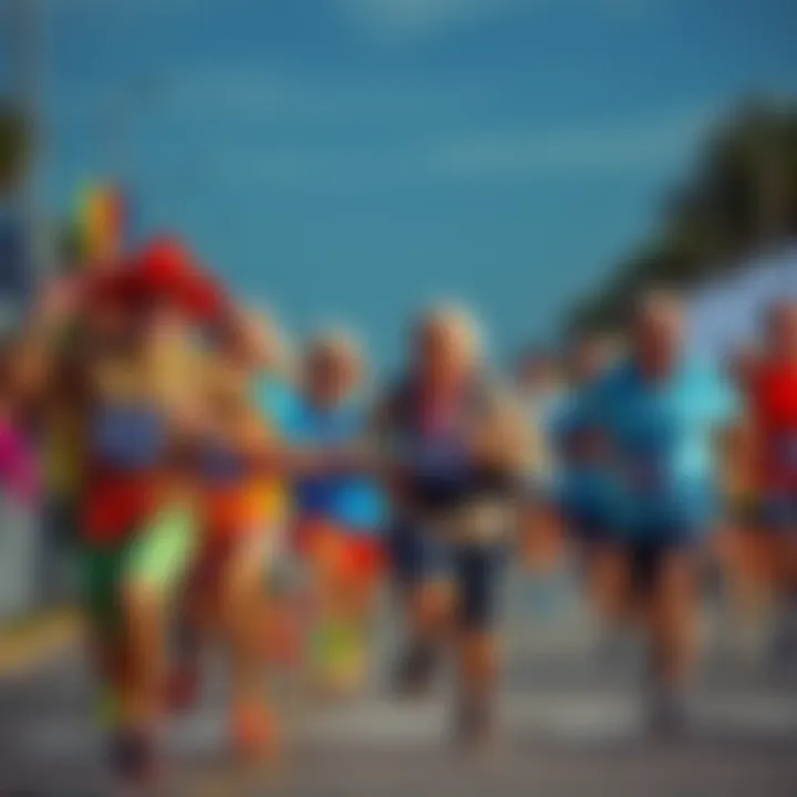 Excited grandparents in colorful outfits racing each other with smiles on their faces during a fun run event.