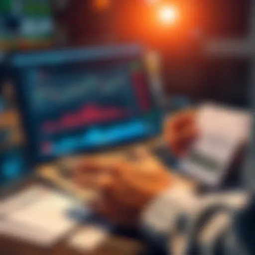 A person analyzing betting strategies and charts on a laptop while holding a calculator and betting slips.