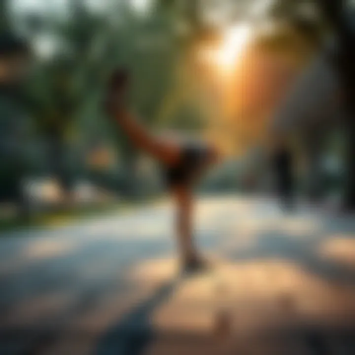 Simple leg exercises for health A person doing a simple leg exercise in a park, showing the importance of physical activity for well-being.