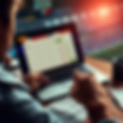 A person reviewing sports betting options on a laptop with betting slips and a calculator nearby