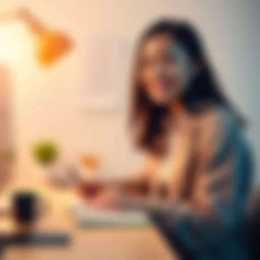 A person smiling while organizing their workspace, showing a clear desk with a plant and a notebook, symbolizing an easier approach to daily tasks.