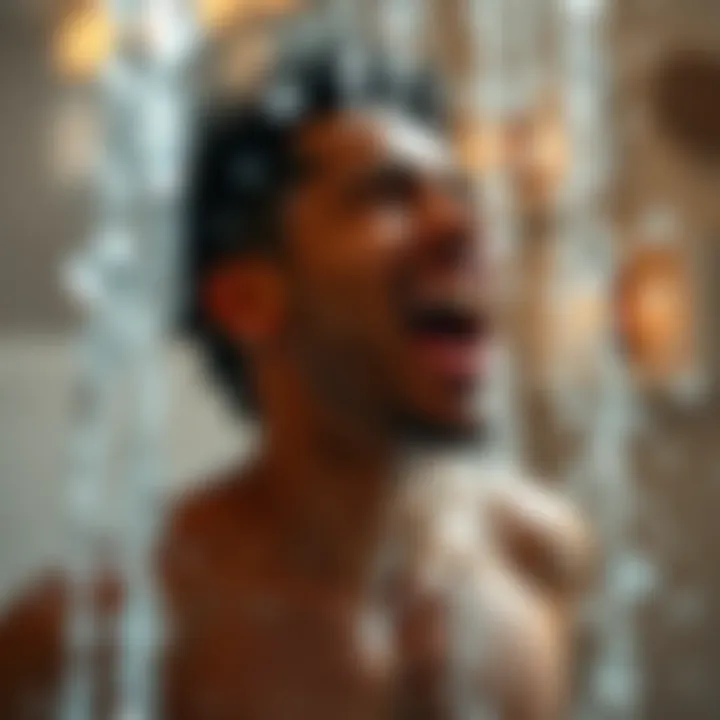 A person joyfully singing in the shower about FanDuel, with water flowing and a playful atmosphere