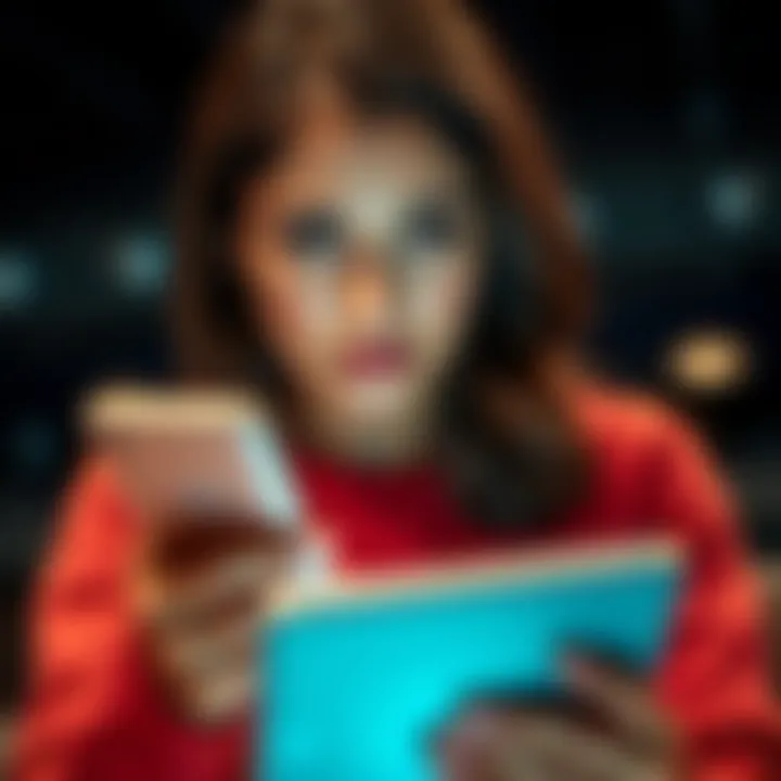 A focused single mother looking at her phone while thinking about sports betting tips, with a concerned expression on her face.