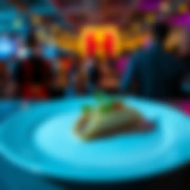 A lone taco on a plate, symbolizing the event's focus, with a crowd of people in the background discussing