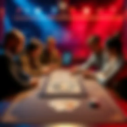 A group of six players engaged in a card game, focusing on strategy and excitement, with cards spread on the table