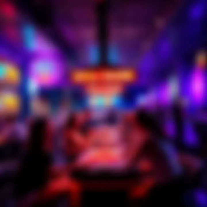 A group of people playing a skill game at a lively bar, with bright lights and excited faces. There are signs displaying high prize amounts.