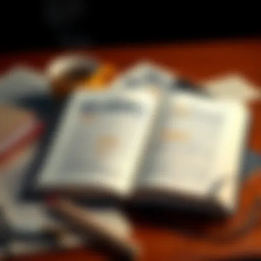 Open book with pages featuring text and notes highlighted, surrounded by discussion notes and coffee cup