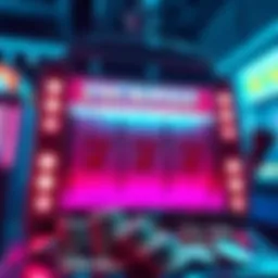 A slot machine with bright lights displaying a jackpot win, featuring three 7's in a row and coins spilling out.