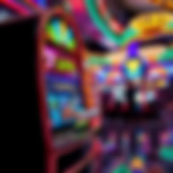 A vibrant slot machine illuminated with lights, showing various colorful symbols, set in a Las Vegas casino