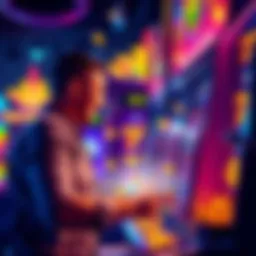 A player celebrating a big win at a slot machine with colorful lights and coins spilling out.