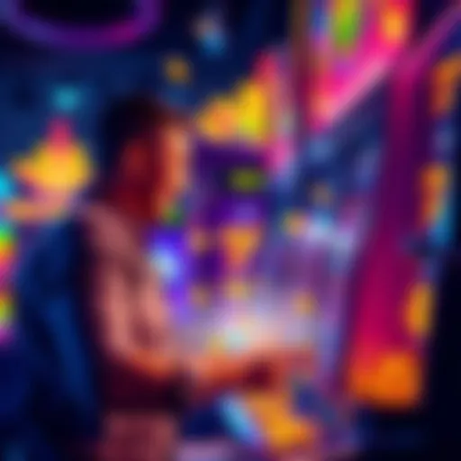 A player celebrating a big win at a slot machine with colorful lights and coins spilling out.