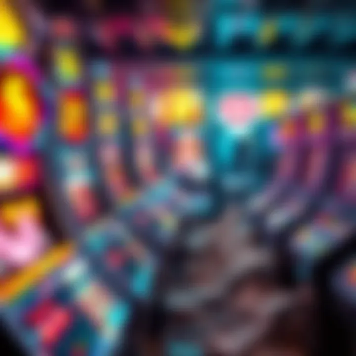 Colorful slot machines lined up with coins and dollar bills, showing potential winnings for players on a budget.