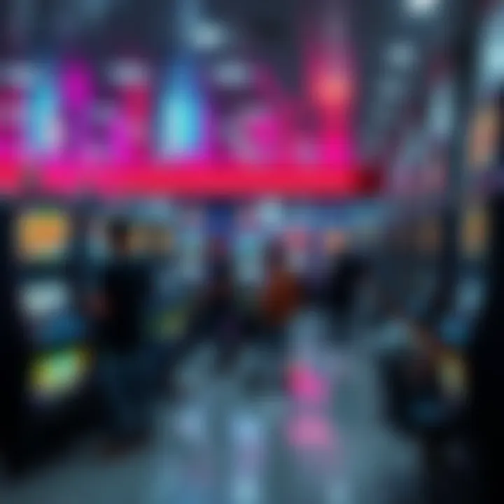 A row of slot machines located inside a gas station, with people playing and cashing out their winnings