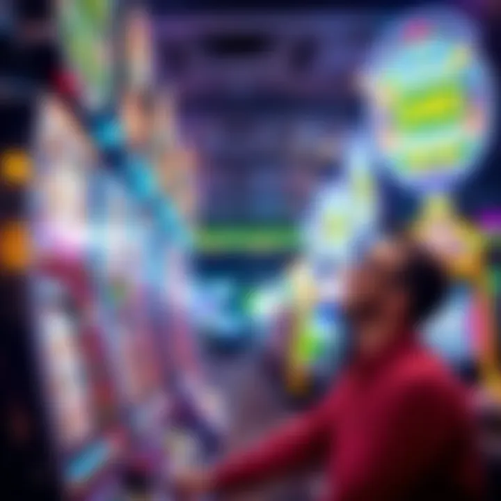 Slot Machines in San Diego A colorful slot machine in a casino in San Diego with bright lights and a player looking excited after winning.