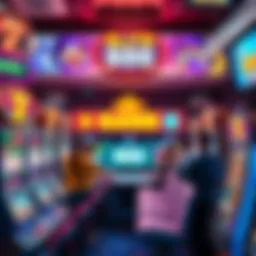 A colorful display of various slot machines with people suggesting their favorite games