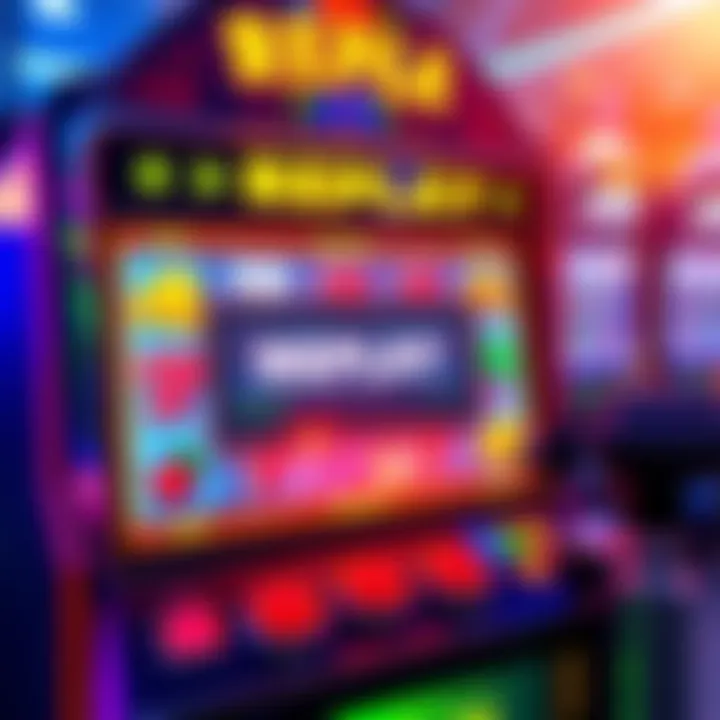 A vibrant display of a slot machine with colorful symbols and a screen showing a replay option.