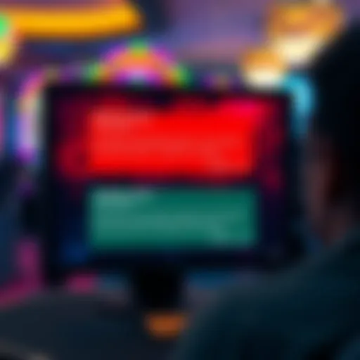 A screen showing error messages for slot games like Fruit Splash and Diamonds Cherries, indicating technical issues. A concerned player is looking at the screen.