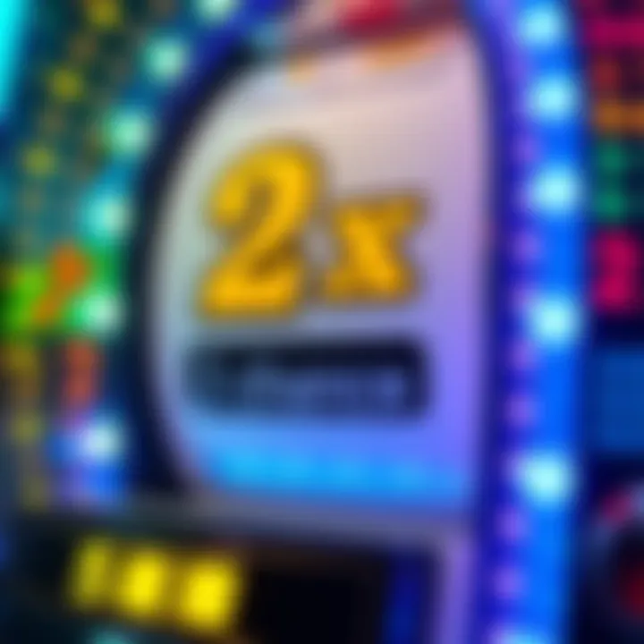 A close-up of a slot machine displaying the '2x chance' option, surrounded by bright lights and colorful symbols.