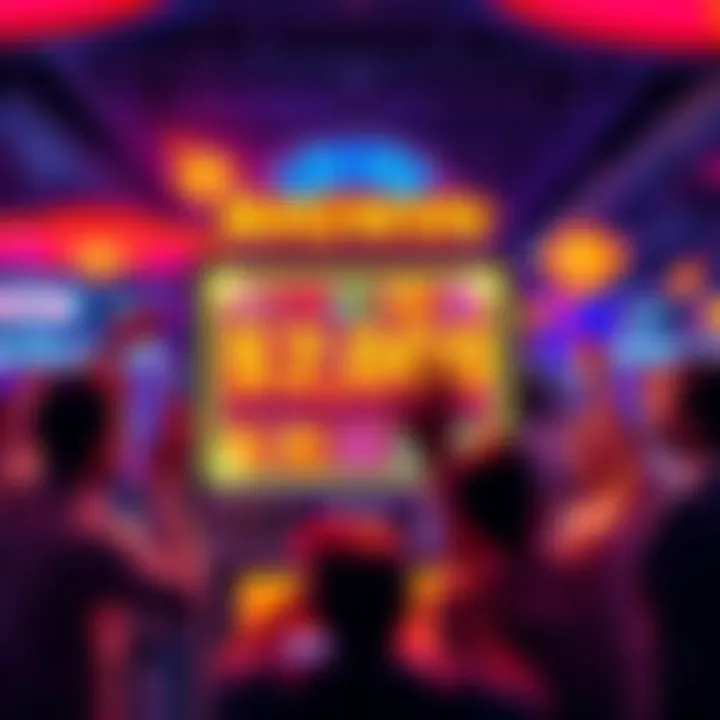 A slot machine with bright lights displays a winning amount of $2,000 after a $20 spin, surrounded by excited players celebrating their luck.