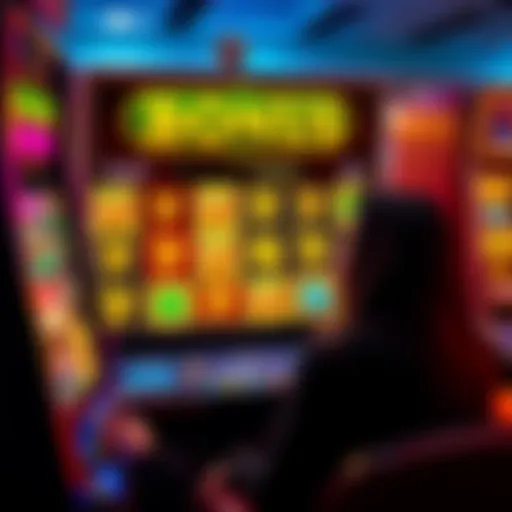 A colorful slot machine displaying various symbols and bonus options, showing a player contemplating their next move.