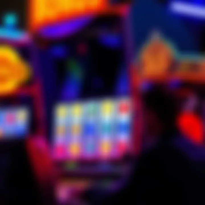 A colorful slot machine showing bonus lights and symbols, indicating a win, with a player contemplating their next move