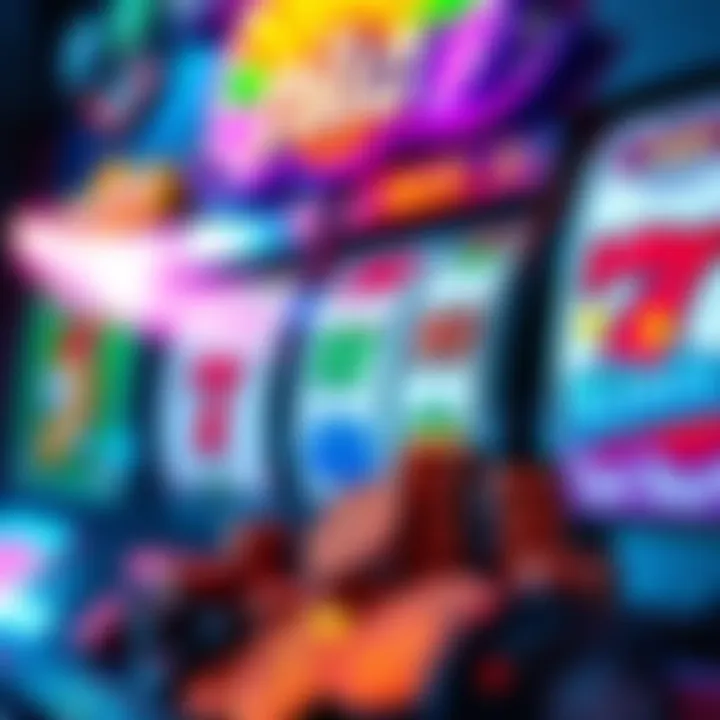 A close-up view of a colorful slot machine displaying various symbols and coins, showcasing how online gaming prizes can be determined.