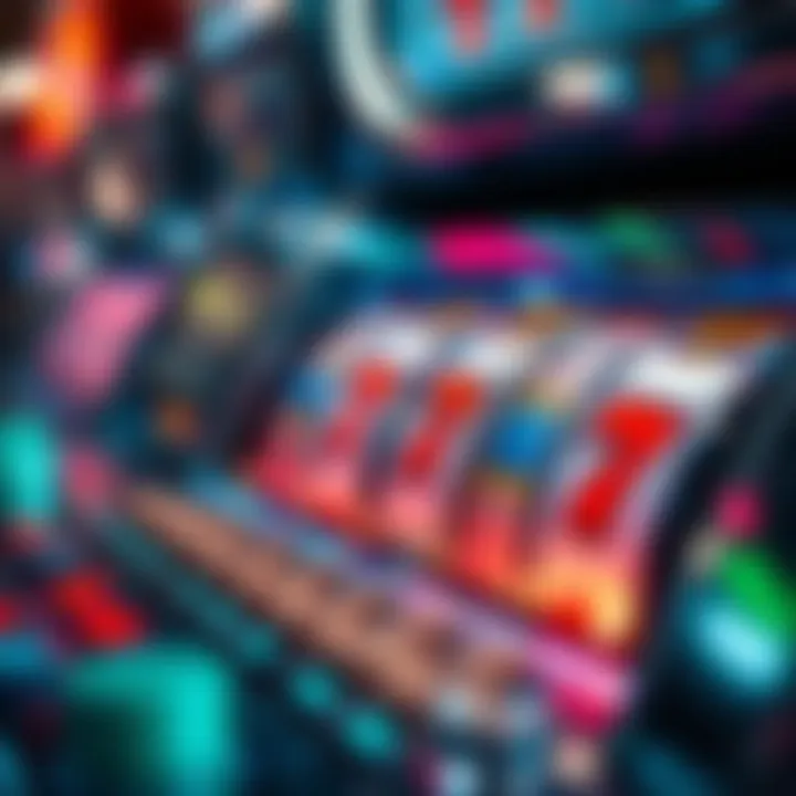 A close-up of a slot machine showing coins being inserted and spinning reels