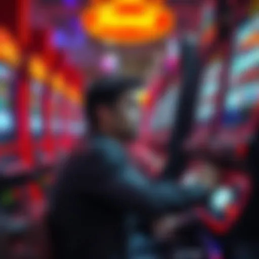 A person sitting at a slot machine looking disappointed after losing money, with coins scattered around.