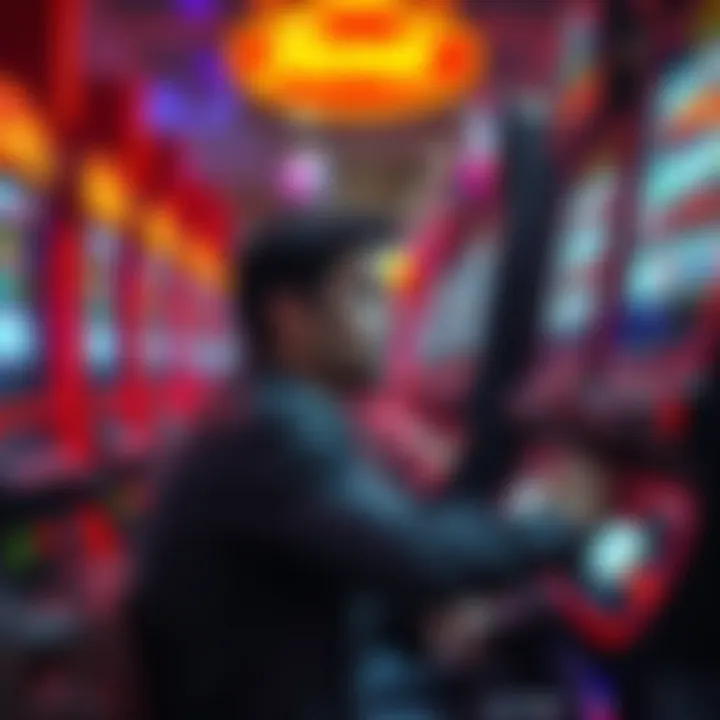 A person sitting at a slot machine looking disappointed after losing money, with coins scattered around.