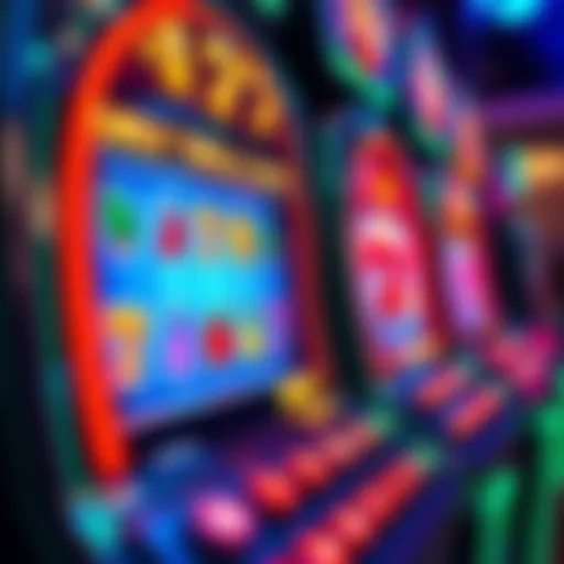A close-up of a colorful slot machine with lit buttons and spinning reels, showing symbols like fruits and lucky sevens, representing gambling activity.