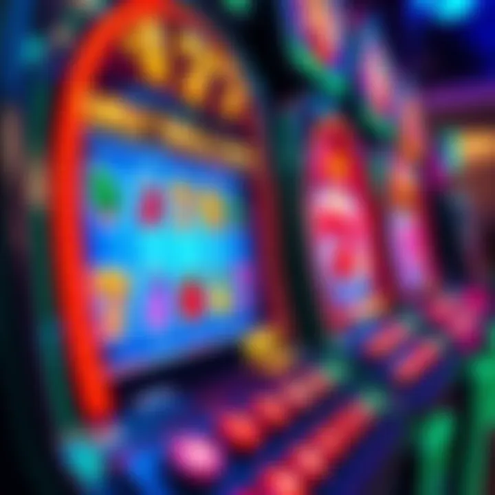A close-up of a colorful slot machine with lit buttons and spinning reels, showing symbols like fruits and lucky sevens, representing gambling activity.