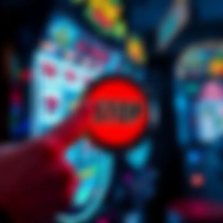 Slot machine with a STOP button Close-up of a slot machine featuring the STOP button being pressed by a player's finger, with bright lights and spinning reels in the background.