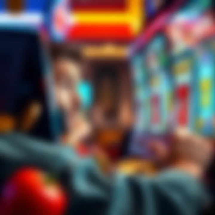 Slot machine strategies A person looking at a slot machine with a puzzled expression, surrounded by coins and fruit symbols